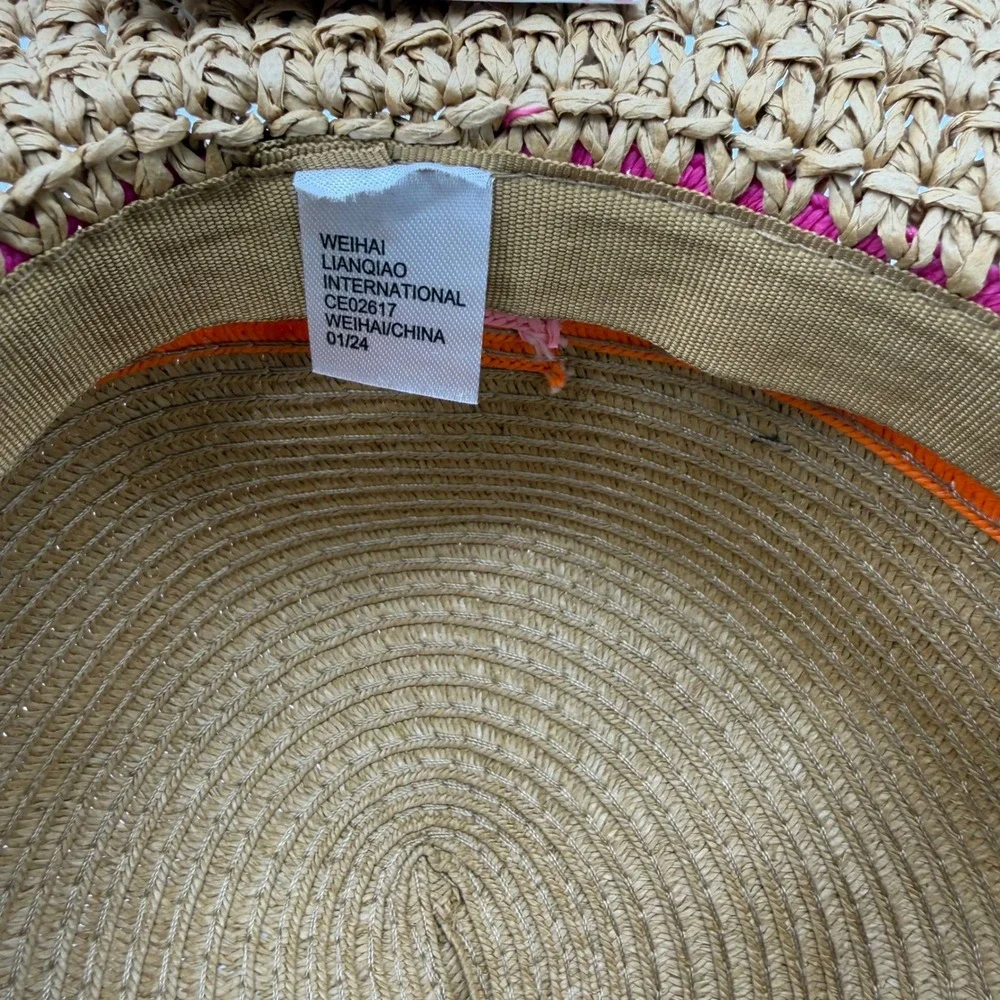 Sigrid Olsen Kids Straw Sun Hat‎ Tan Pink Striped Band Floppy Wide Brim NWT